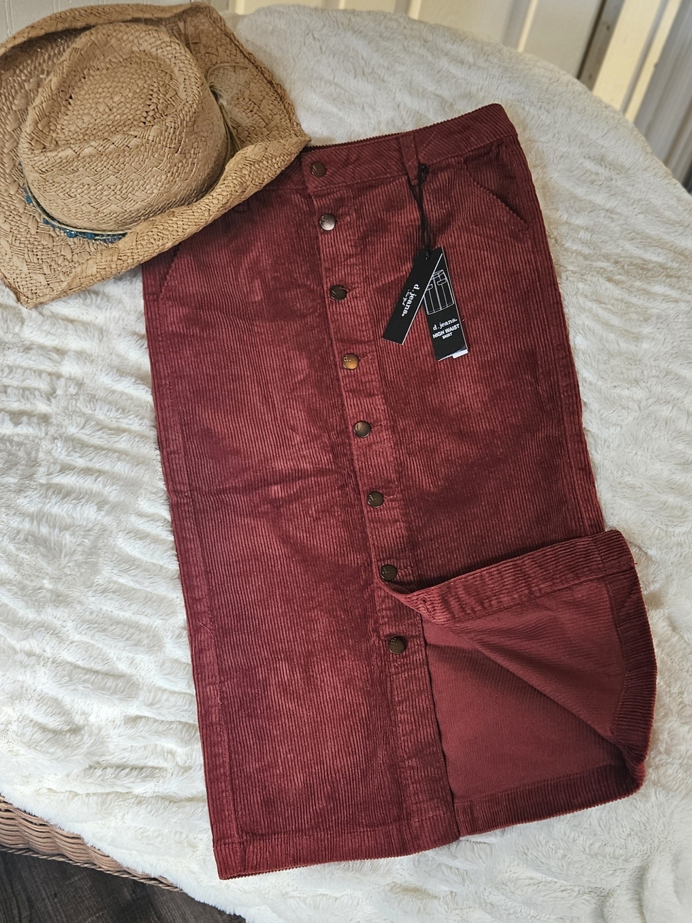 d. jeans Burgundy Corduroy High-Waist Button-Front Midi Skirt